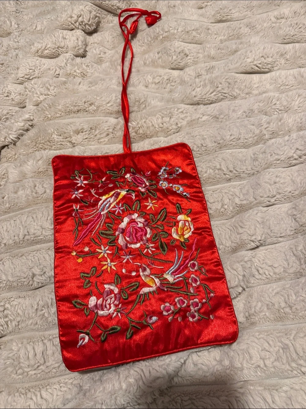 PurseN Red Satin Embroidered Floral Drawstring Pouch